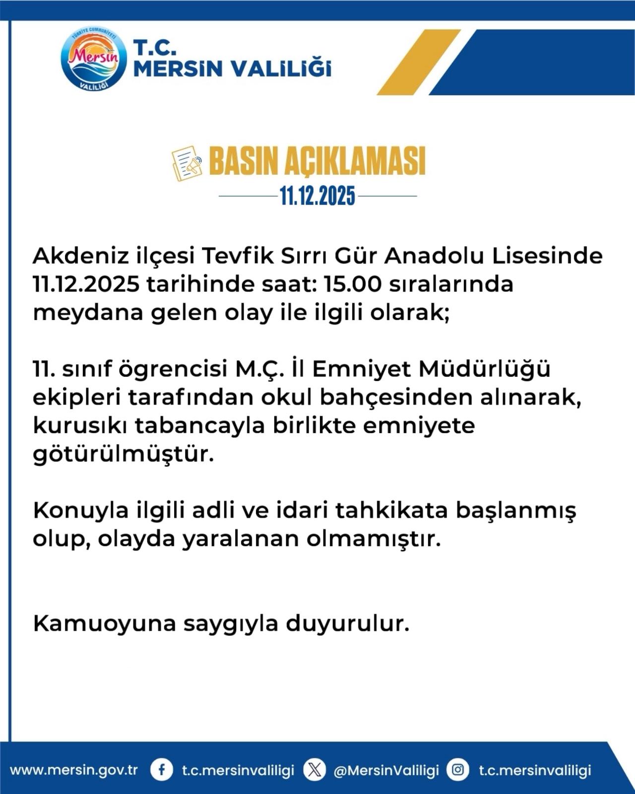 MERSİN VALİLİĞİNDEN BASIN AÇIKLAMASI